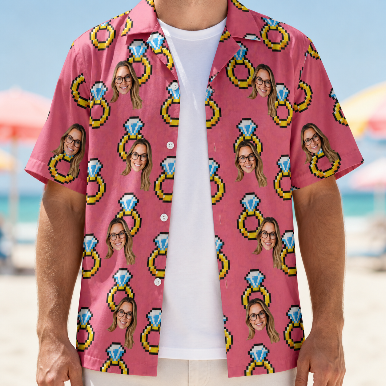 Man wearing Men's Jewel Jitters Custom Face Hawaiian Shirt open over a white tee