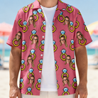 Man wearing Men's Jewel Jitters Custom Face Hawaiian Shirt open over a white tee