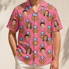 Model wearing Men's Jewel Jitters Custom Face Hawaiian Shirt printed with kids' faces