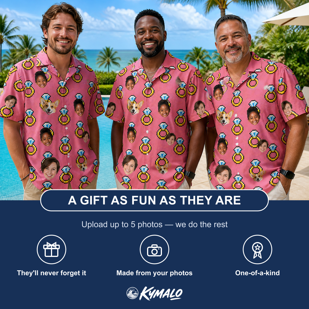 Friends in matching Men's Jewel Jitters Custom Face Hawaiian Shirt — a group gift photo