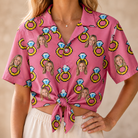 Woman wearing Women's Jewel Jitters Custom Face Hawaiian Shirt tied at the waist