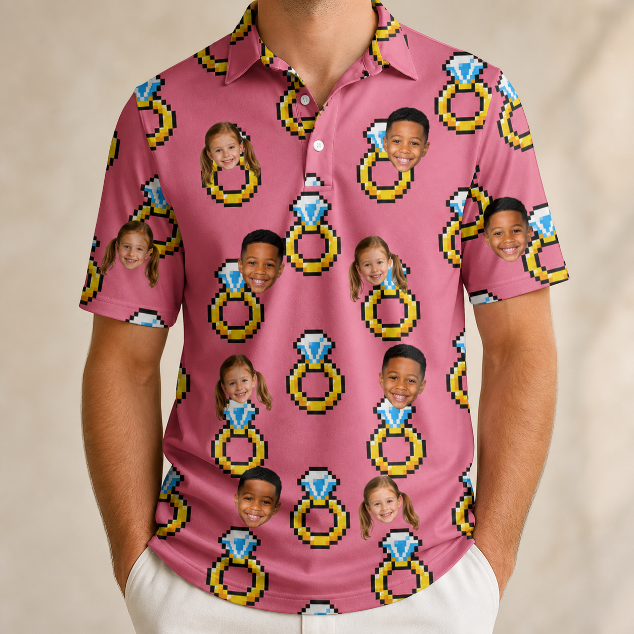 Model wearing Men's Jewel Jitters Custom Face Polo Shirt printed with kids' faces