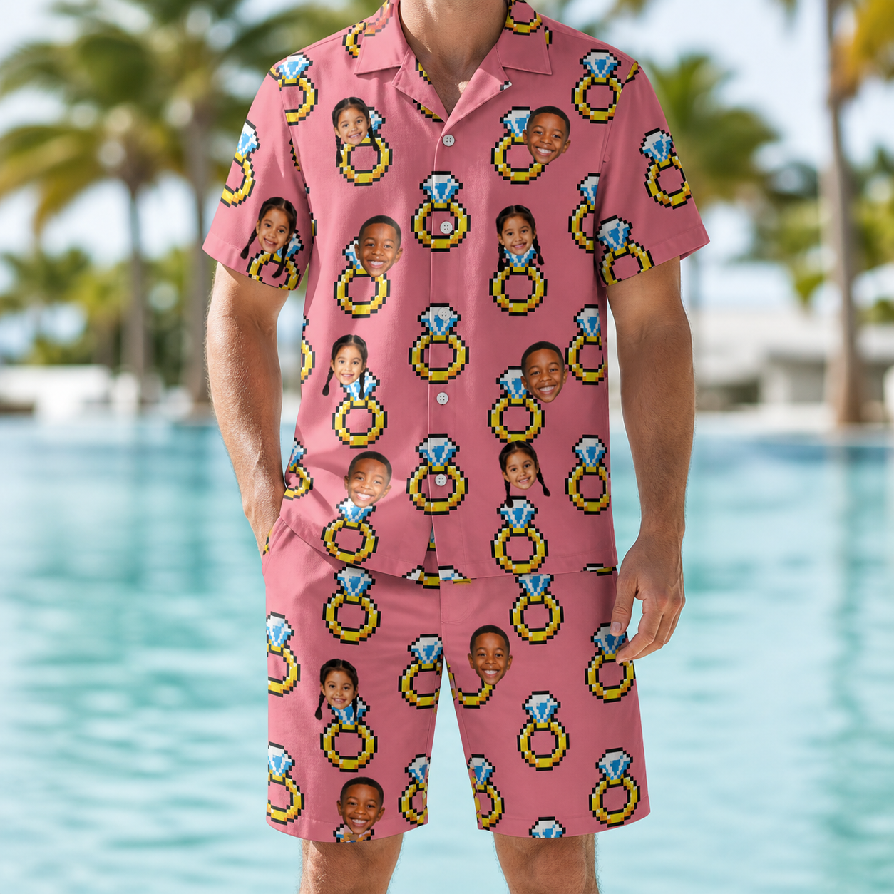 Model wearing Men's Jewel Jitters Custom Face Shirt & Shorts Set printed with kids' faces