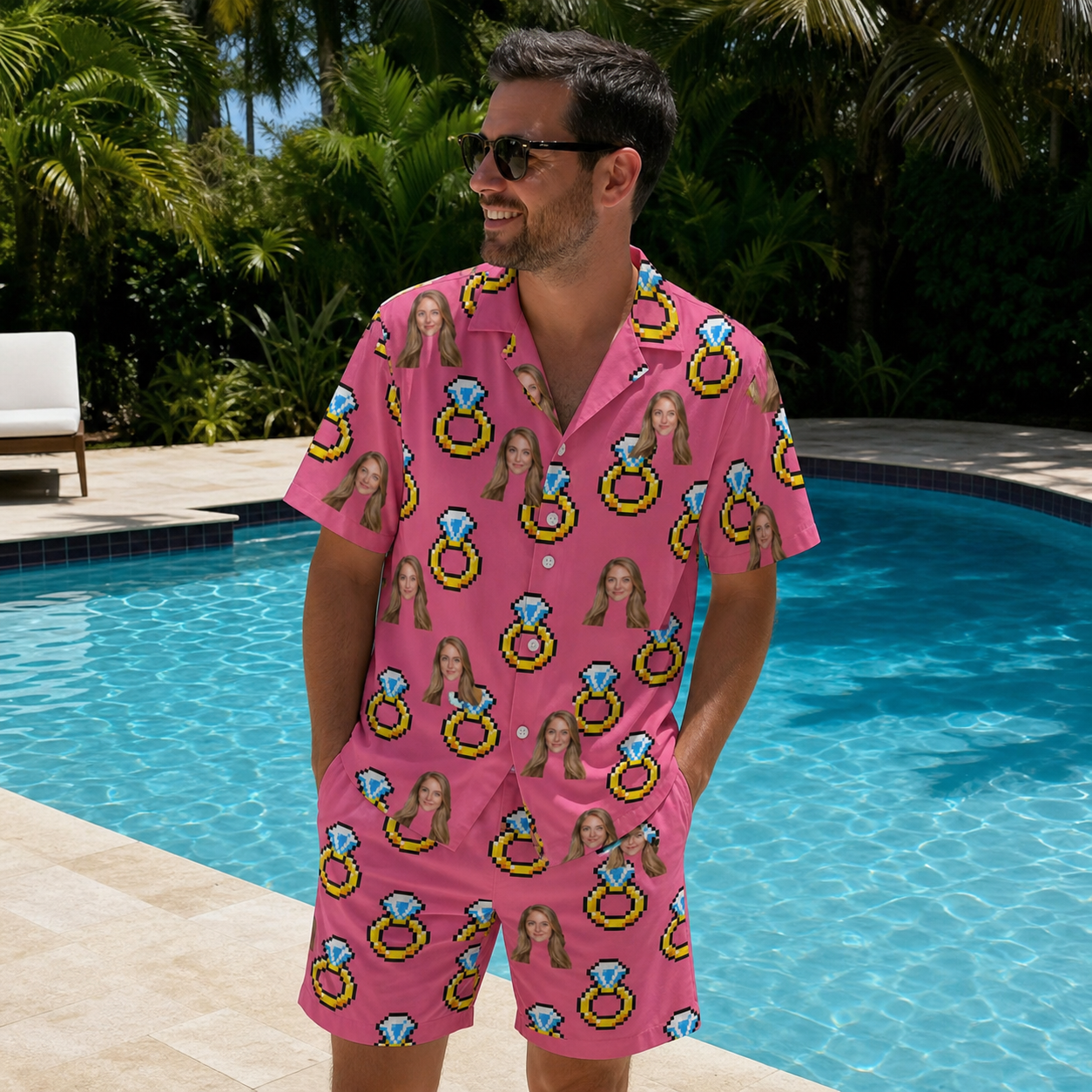 Real-life photo of someone wearing Men's Jewel Jitters Custom Face Shirt & Shorts Set — custom faces printed all-over