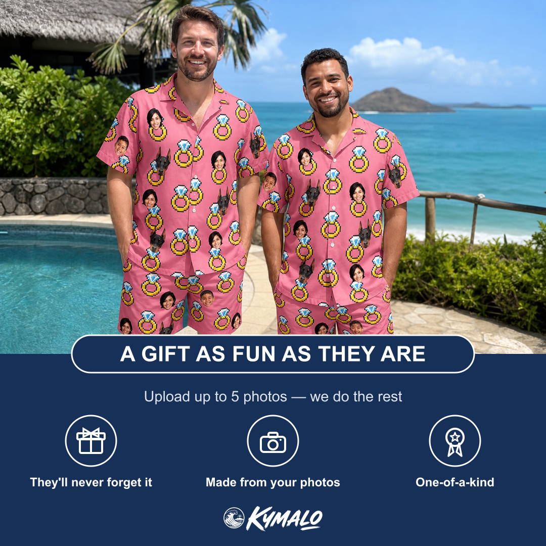 Friends in matching Men's Jewel Jitters Custom Face Shirt & Shorts Set — a group gift photo