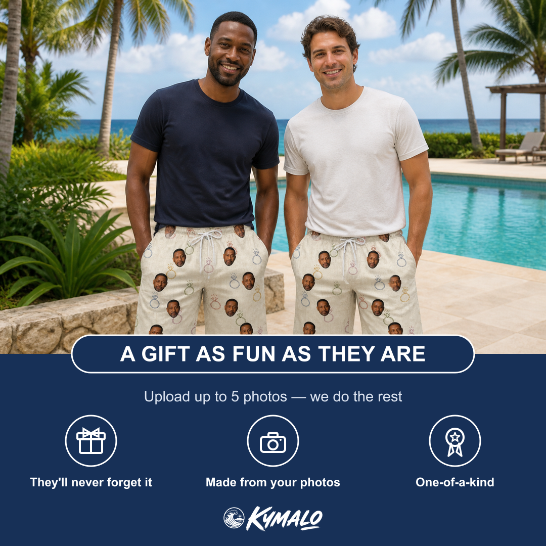 Friends in matching Men's Brilliant Bachelorette Custom Face Beach Shorts — a group gift photo