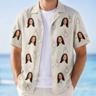 Man wearing Men's Brilliant Bachelorette Custom Face Hawaiian Shirt open over a white tee