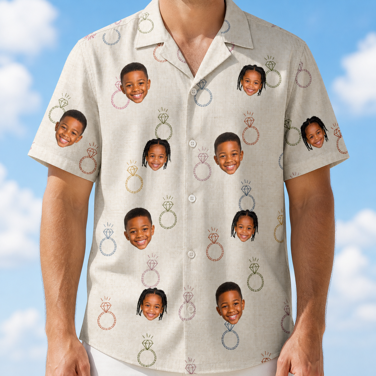 Model wearing Men's Brilliant Bachelorette Custom Face Hawaiian Shirt printed with kids' faces