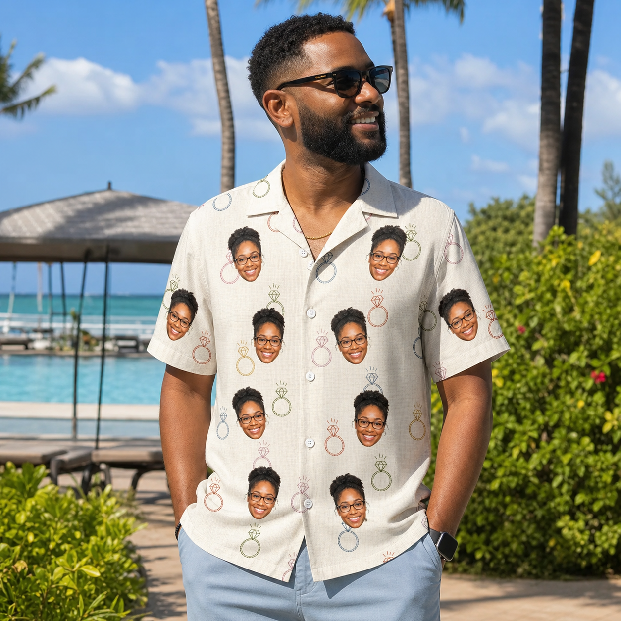 Real-life photo of someone wearing Men's Brilliant Bachelorette Custom Face Hawaiian Shirt — custom faces printed all-over