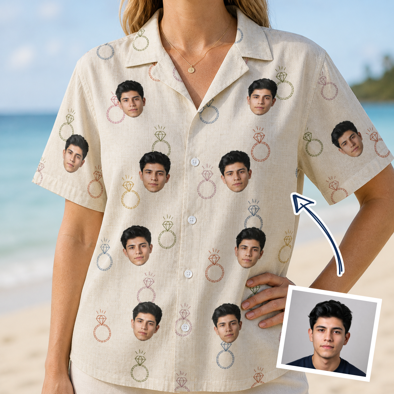 Woman wearing Women's Brilliant Bachelorette Custom Face Hawaiian Shirt — custom faces printed all-over
