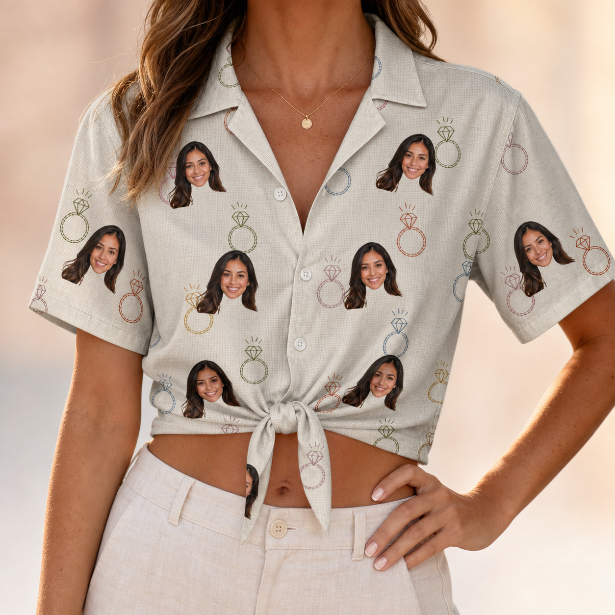 Woman wearing Women's Brilliant Bachelorette Custom Face Hawaiian Shirt tied at the waist