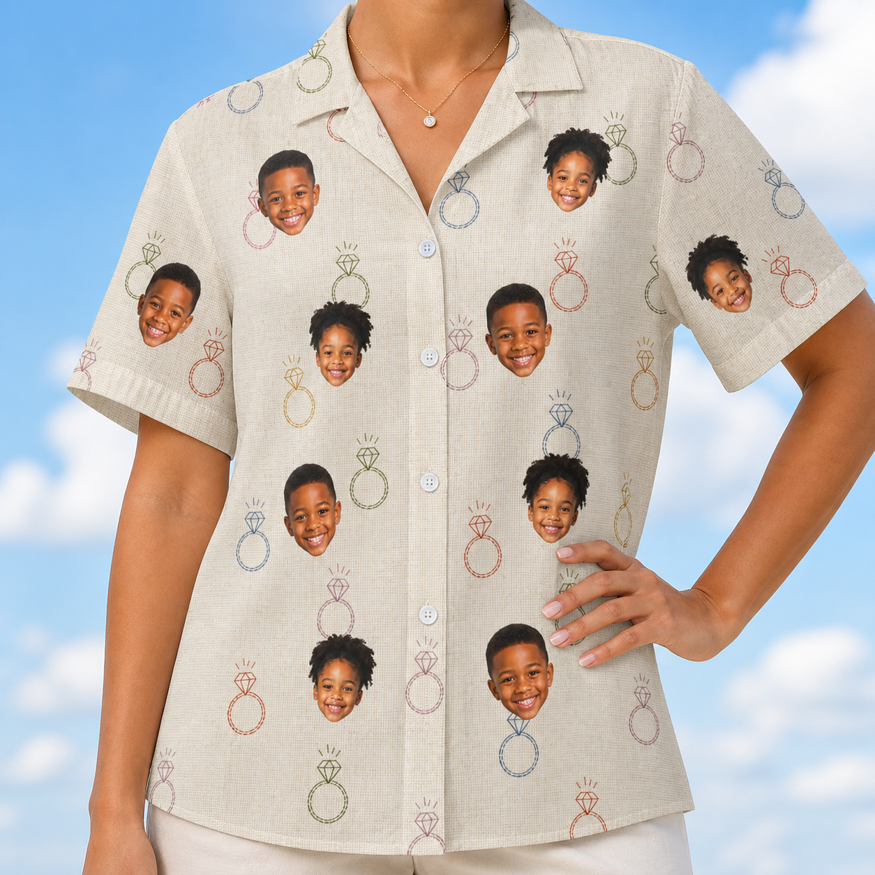 Model wearing Women's Brilliant Bachelorette Custom Face Hawaiian Shirt printed with kids' faces