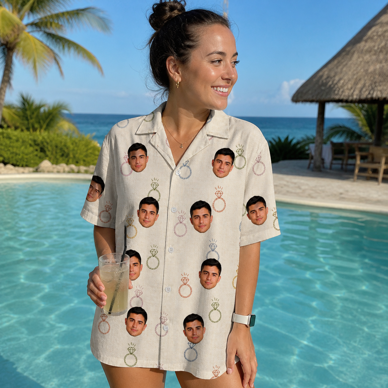 Real-life photo of someone wearing Women's Brilliant Bachelorette Custom Face Hawaiian Shirt — custom faces printed all-over