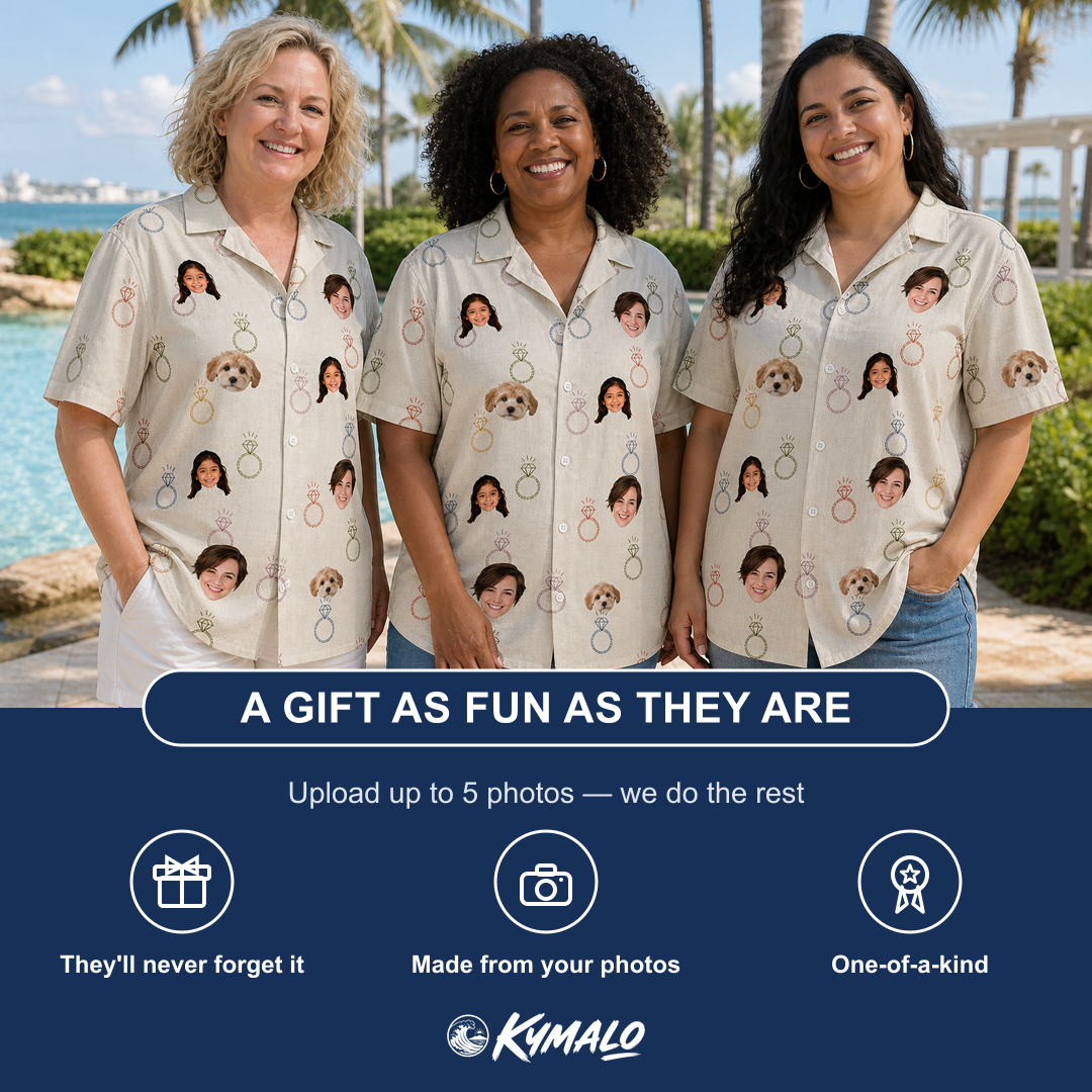 Friends in matching Women's Brilliant Bachelorette Custom Face Hawaiian Shirt — a group gift photo