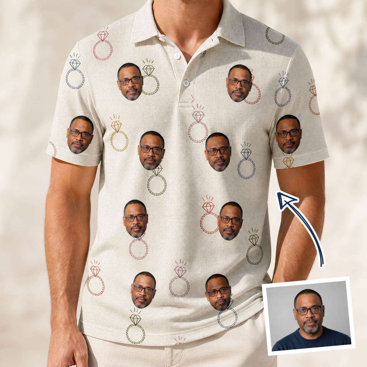 Man wearing Men's Brilliant Bachelorette Custom Face Polo Shirt — custom faces printed all-over