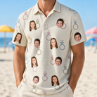 Model wearing Men's Brilliant Bachelorette Custom Face Polo Shirt printed with kids' faces