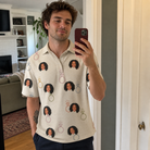 Real-life photo of someone wearing Men's Brilliant Bachelorette Custom Face Polo Shirt — custom faces printed all-over