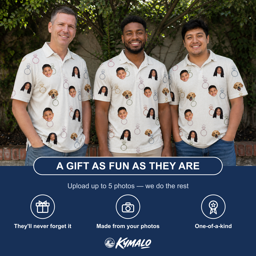 Friends in matching Men's Brilliant Bachelorette Custom Face Polo Shirt — a group gift photo