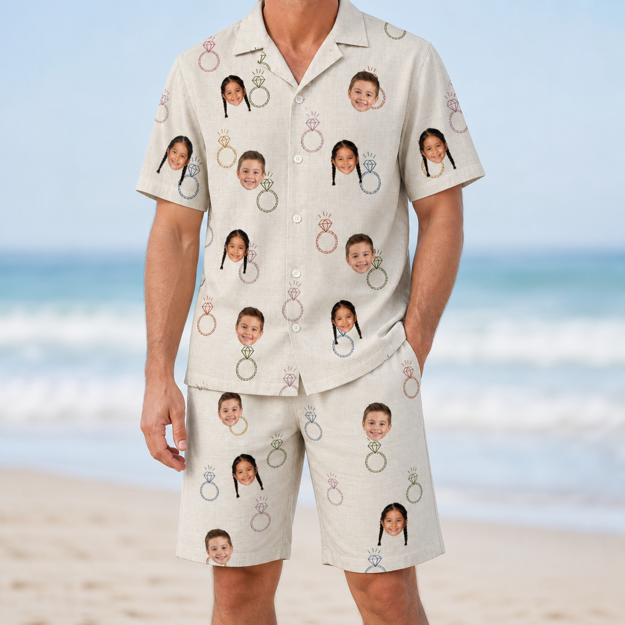 Model wearing Men's Brilliant Bachelorette Custom Face Shirt & Shorts Set printed with kids' faces