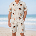 Model wearing Men's Brilliant Bachelorette Custom Face Shirt & Shorts Set printed with kids' faces