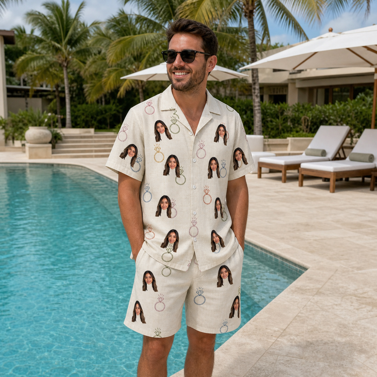 Real-life photo of someone wearing Men's Brilliant Bachelorette Custom Face Shirt & Shorts Set — custom faces printed all-over