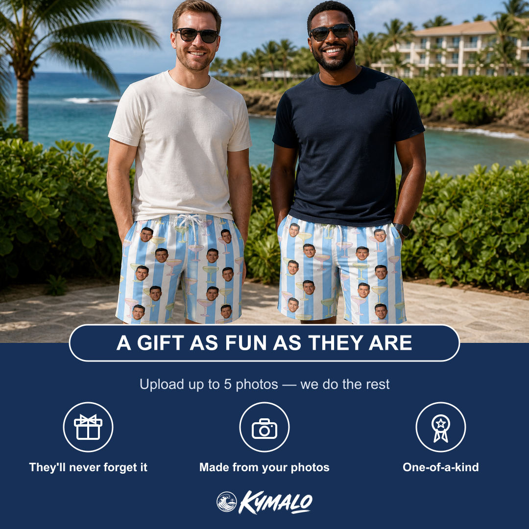 Friends in matching Men's Clink Wink Custom Face Beach Shorts — a group gift photo