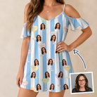 Woman wearing Women's Clink Wink Custom Face Off-Shoulder Dress — custom faces printed all-over