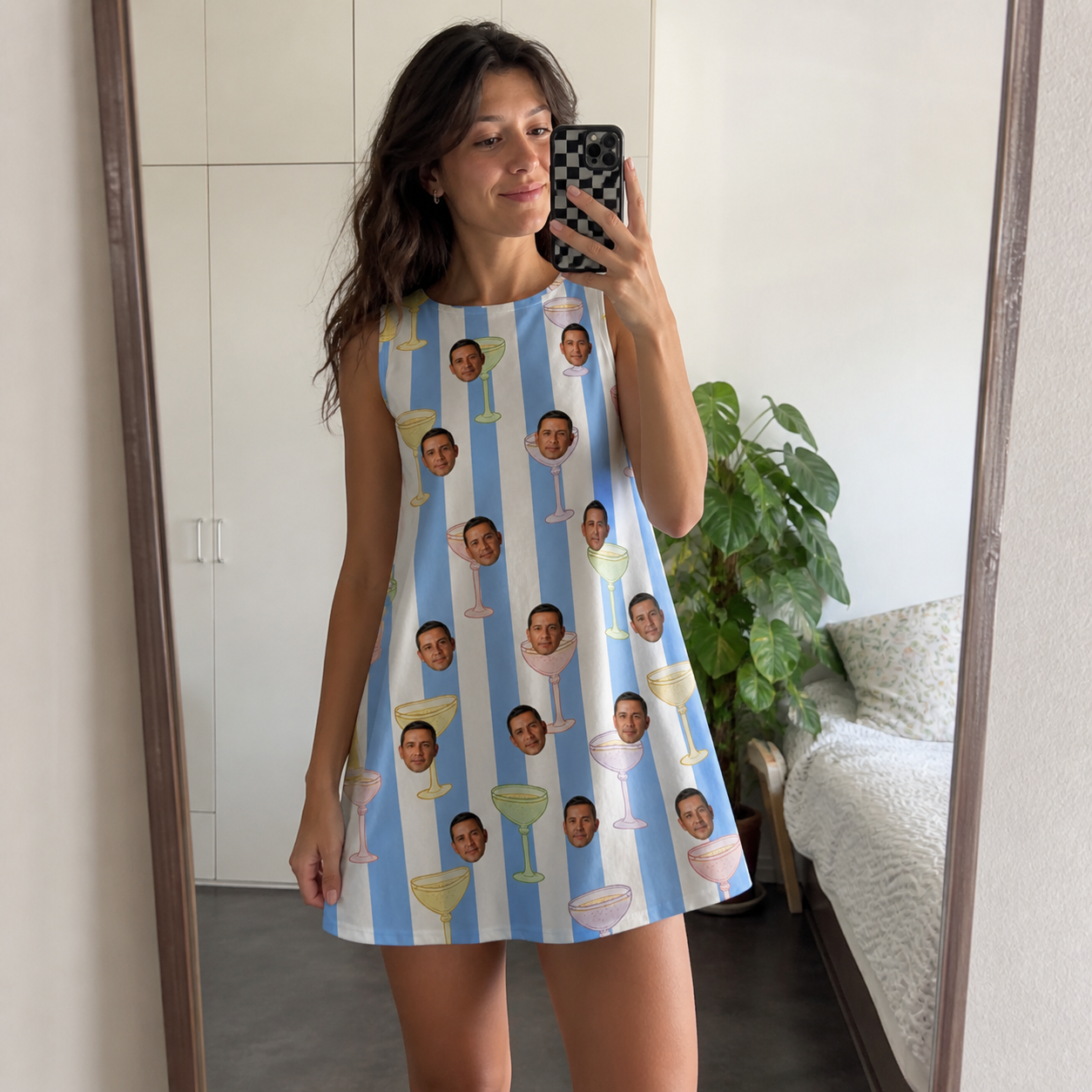 Real-life photo of someone wearing Women's Clink Wink Custom Face Tank Dress — custom faces printed all-over