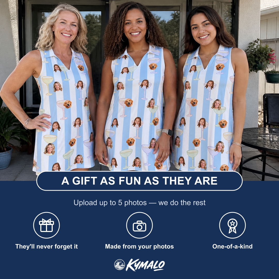 Friends in matching Women's Clink Wink Custom Face V-Neck Dress — a group gift photo