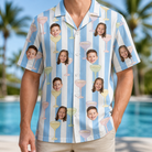 Model wearing Men's Clink Wink Custom Face Hawaiian Shirt printed with kids' faces