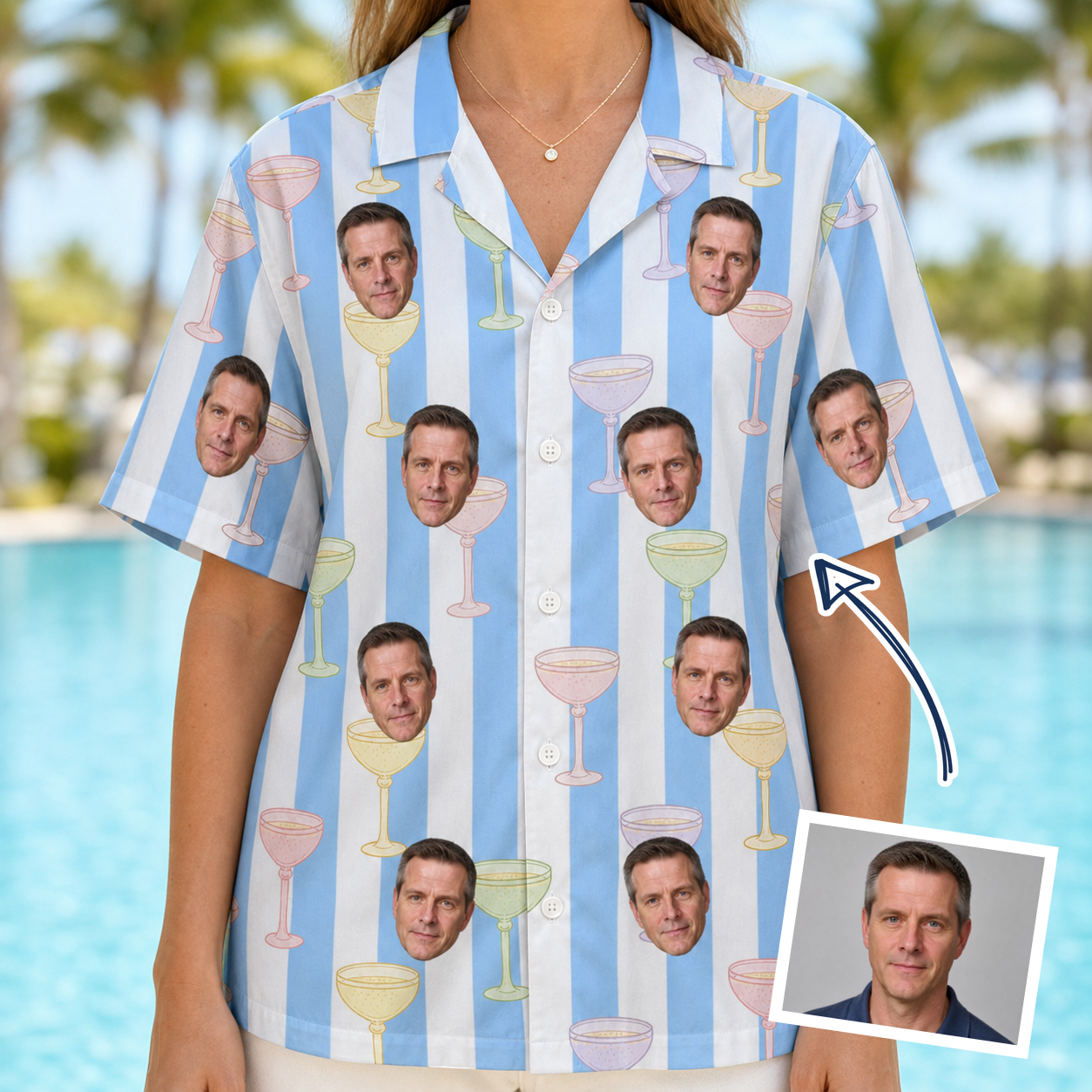 Woman wearing Women's Clink Wink Custom Face Hawaiian Shirt — custom faces printed all-over