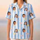 Model wearing Women's Clink Wink Custom Face Hawaiian Shirt printed with kids' faces