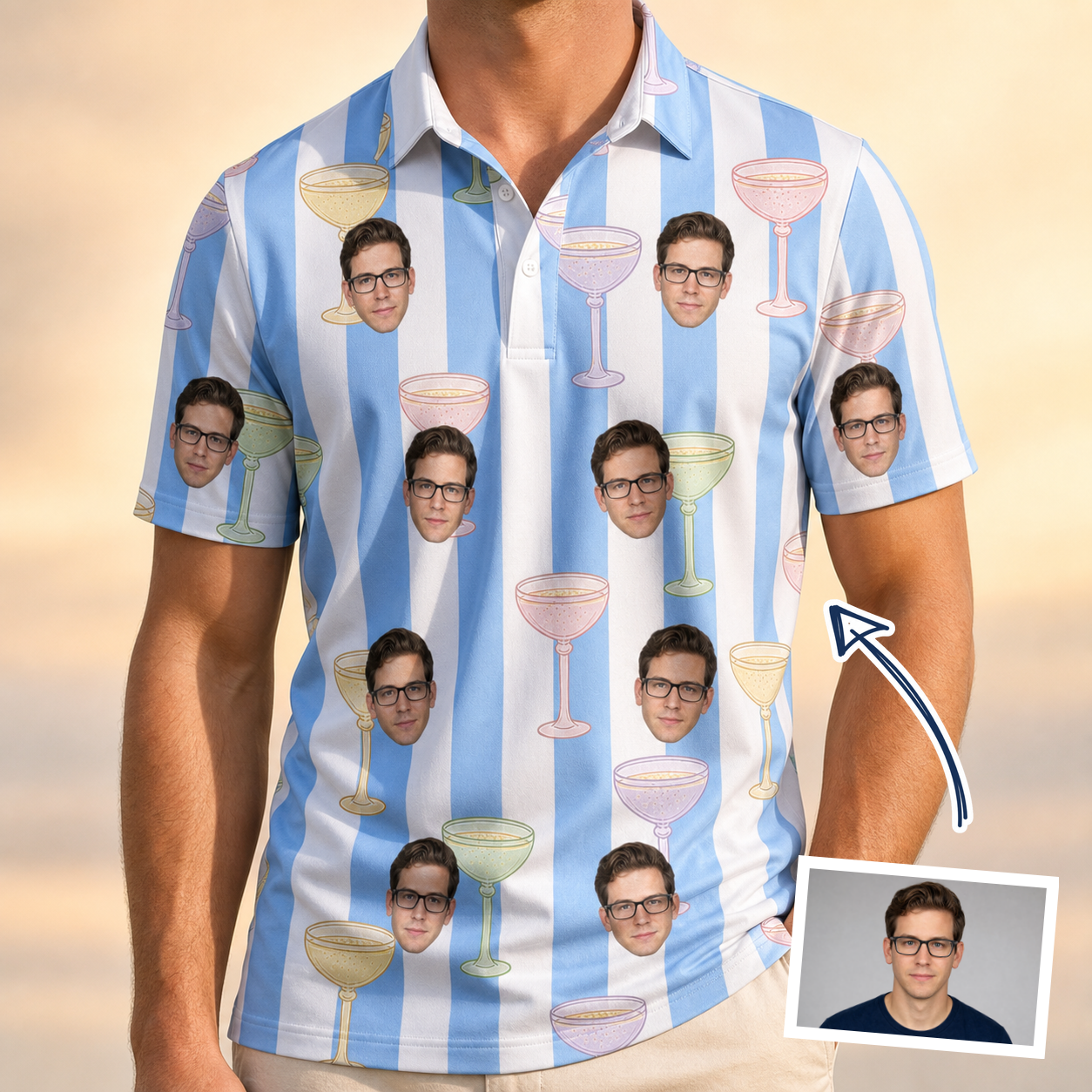 Man wearing Men's Clink Wink Custom Face Polo Shirt — custom faces printed all-over