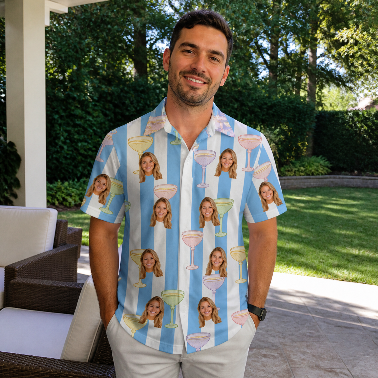 Real-life photo of someone wearing Men's Clink Wink Custom Face Polo Shirt — custom faces printed all-over