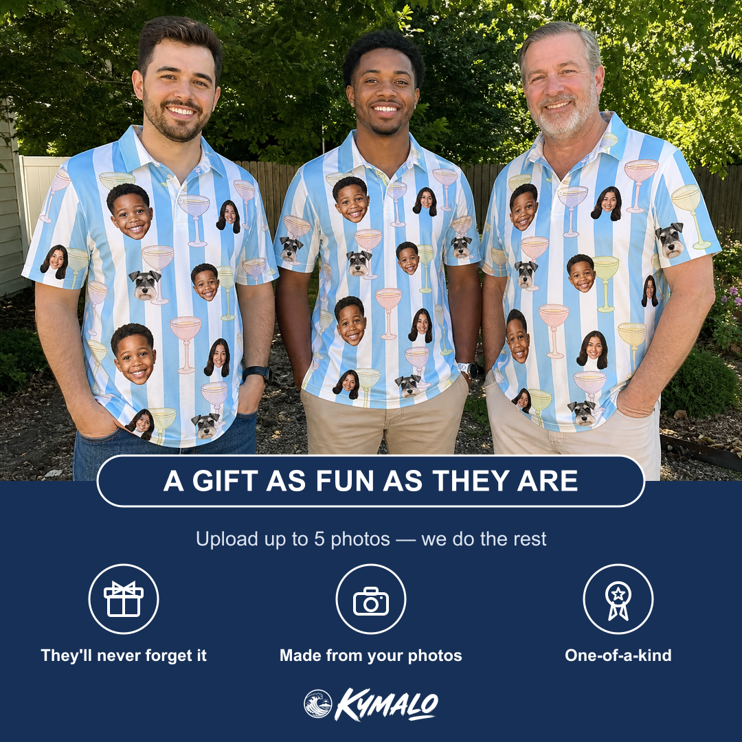 Friends in matching Men's Clink Wink Custom Face Polo Shirt — a group gift photo