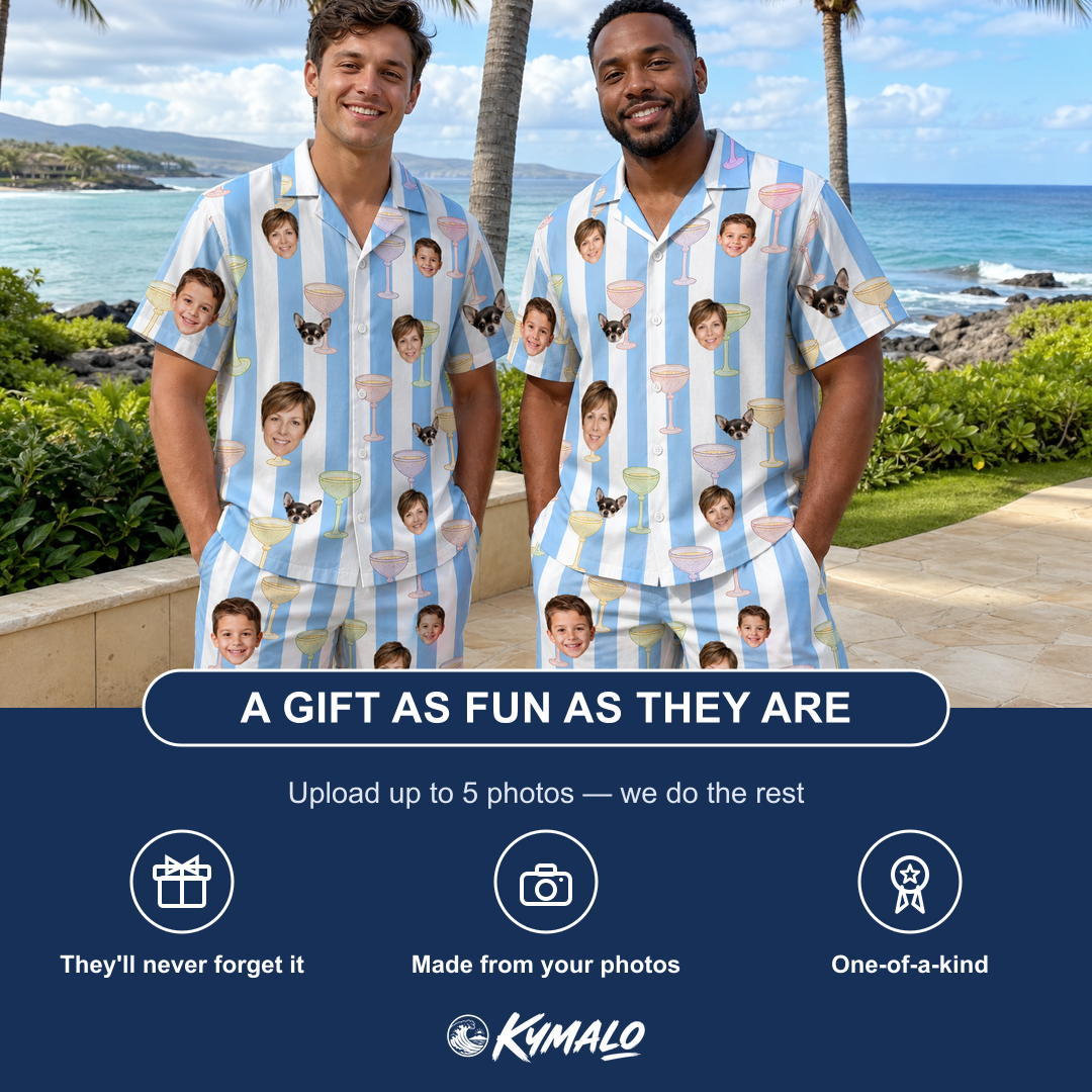 Friends in matching Men's Clink Wink Custom Face Shirt & Shorts Set — a group gift photo