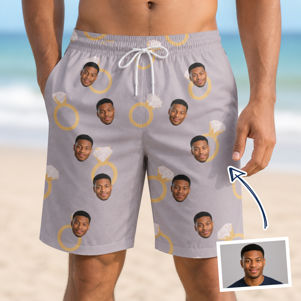 Man wearing Men's Diamond Dares Custom Face Beach Shorts — custom faces printed all-over