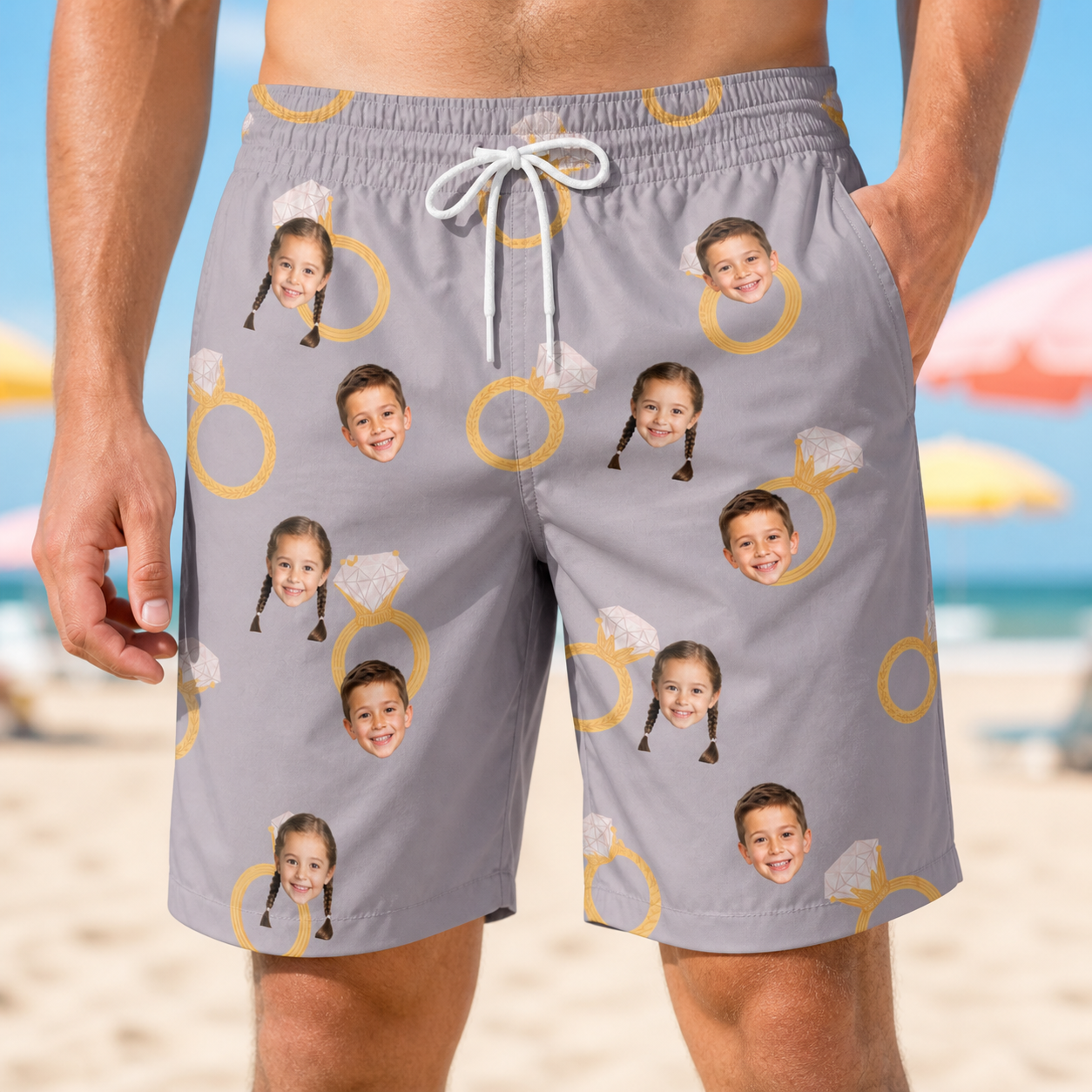 Model wearing Men's Diamond Dares Custom Face Beach Shorts printed with kids' faces
