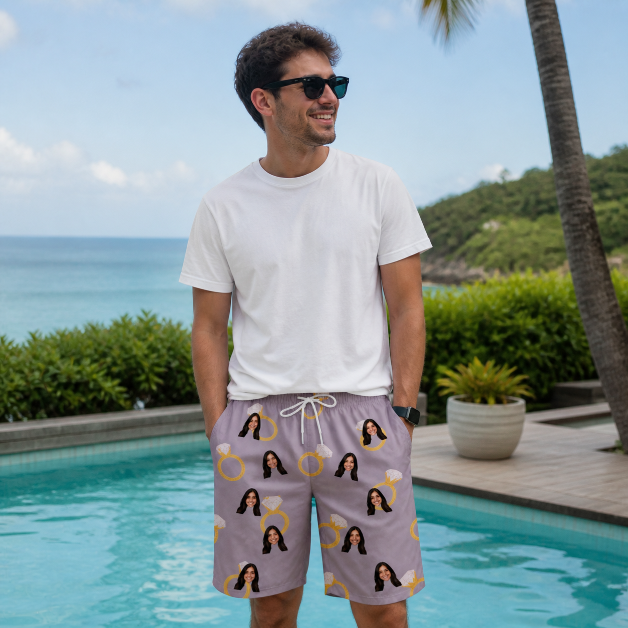 Real-life photo of someone wearing Men's Diamond Dares Custom Face Beach Shorts — custom faces printed all-over