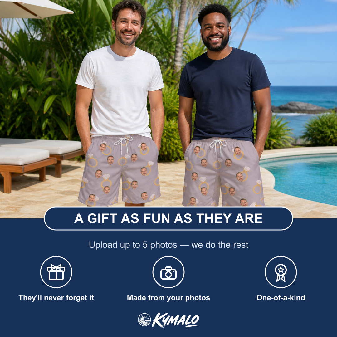 Friends in matching Men's Diamond Dares Custom Face Beach Shorts — a group gift photo