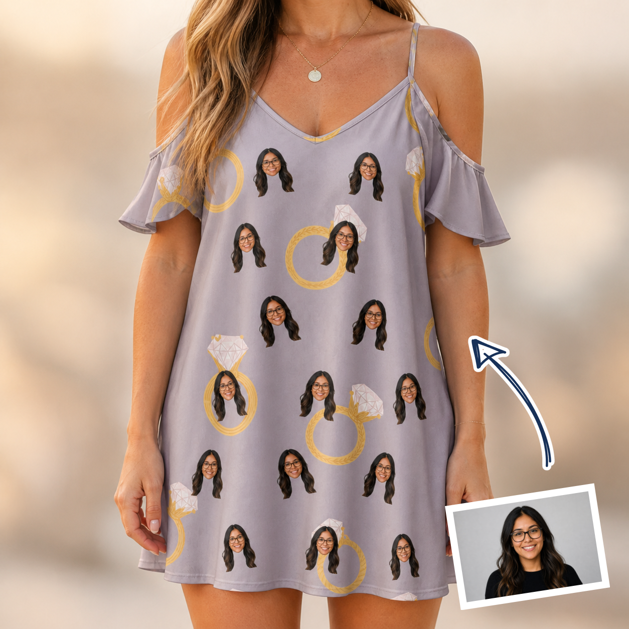Woman wearing Women's Diamond Dares Custom Face Off-Shoulder Dress — custom faces printed all-over