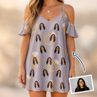 Woman wearing Women's Diamond Dares Custom Face Off-Shoulder Dress — custom faces printed all-over