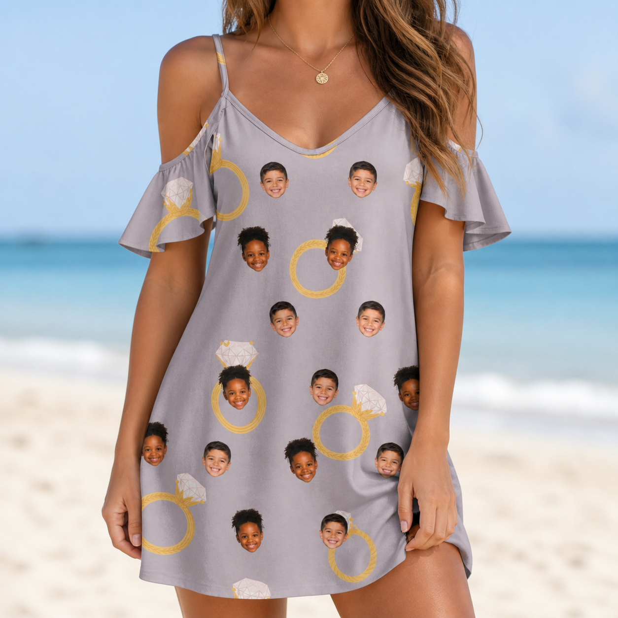 Model wearing Women's Diamond Dares Custom Face Off-Shoulder Dress printed with kids' faces