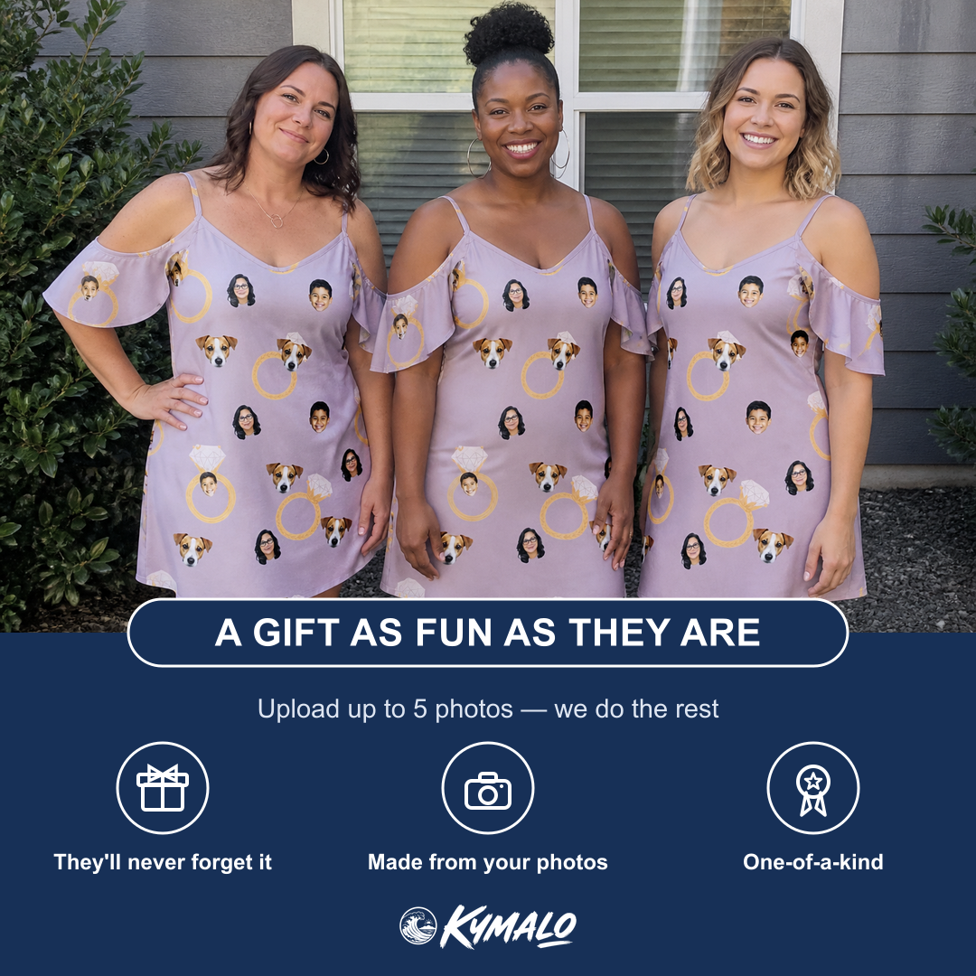 Friends in matching Women's Diamond Dares Custom Face Off-Shoulder Dress — a group gift photo