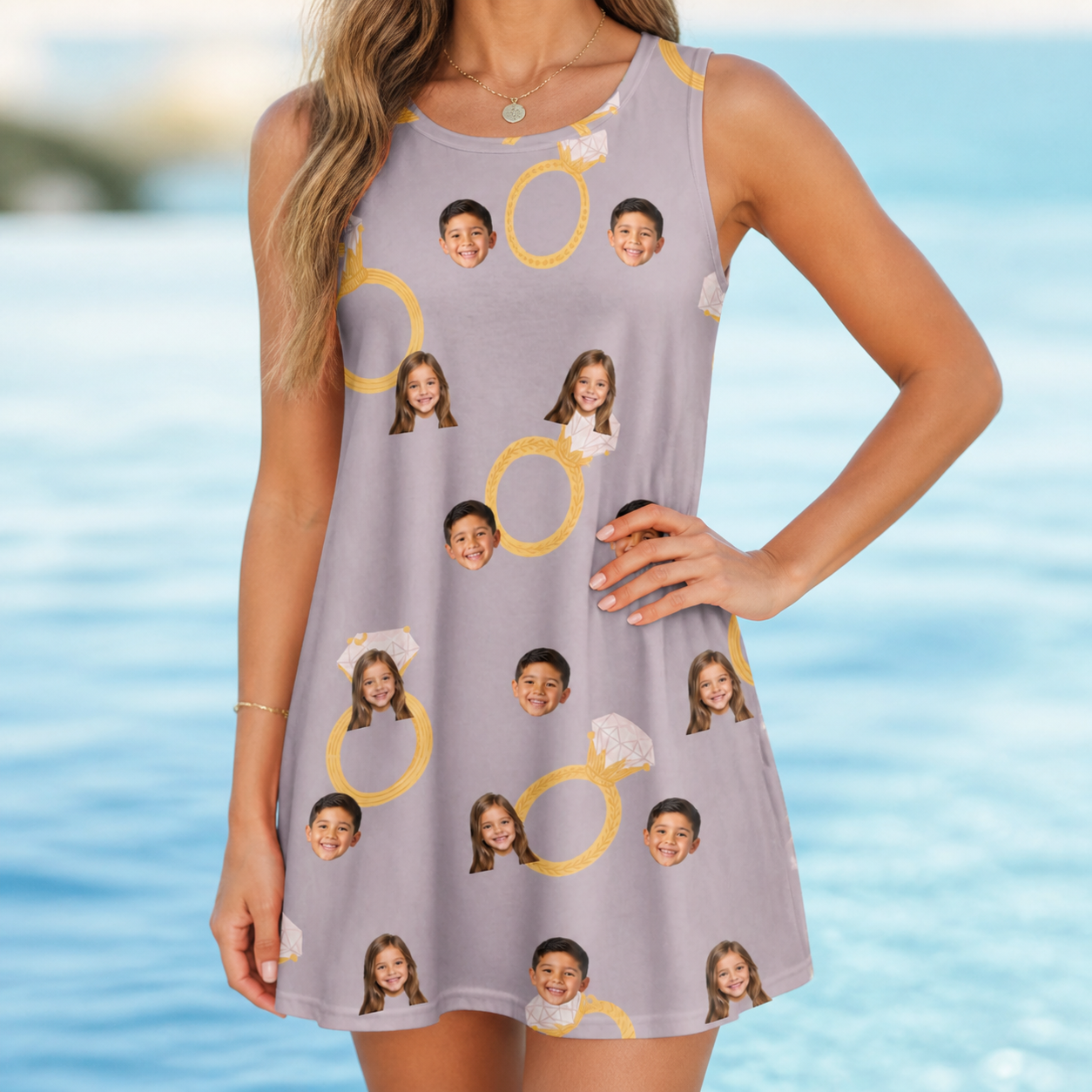 Model wearing Women's Diamond Dares Custom Face Tank Dress printed with kids' faces
