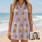 Woman wearing Women's Diamond Dares Custom Face V-Neck Dress — custom faces printed all-over