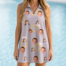 Model wearing Women's Diamond Dares Custom Face V-Neck Dress printed with kids' faces