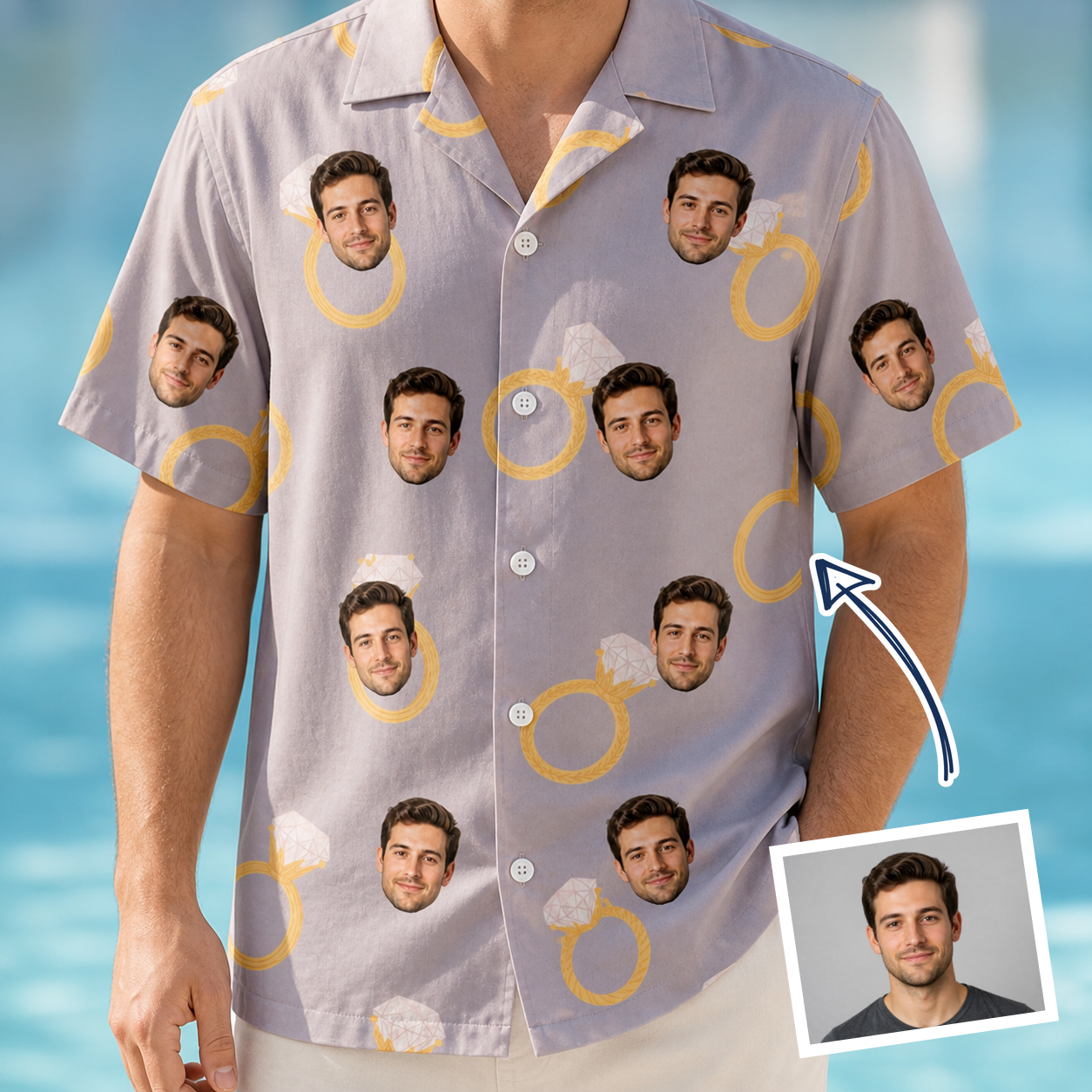 Man wearing Men's Diamond Dares Custom Face Hawaiian Shirt — custom faces printed all-over