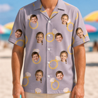 Model wearing Men's Diamond Dares Custom Face Hawaiian Shirt printed with kids' faces