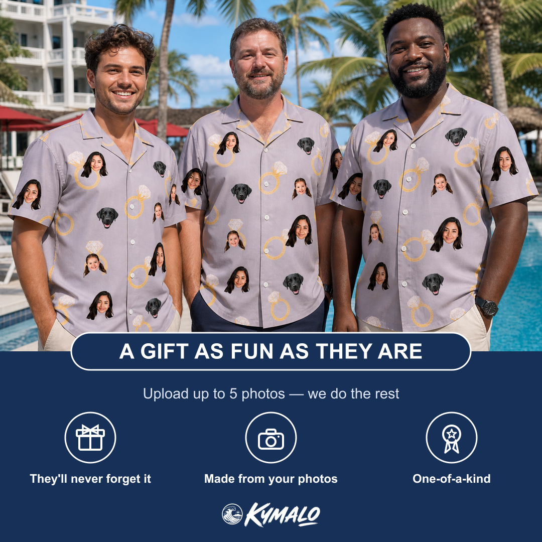 Friends in matching Men's Diamond Dares Custom Face Hawaiian Shirt — a group gift photo